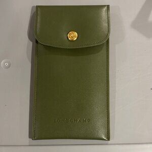 Longchamp Olive Green Leather Sunglasses Case with Gold Accent Snap Closure New